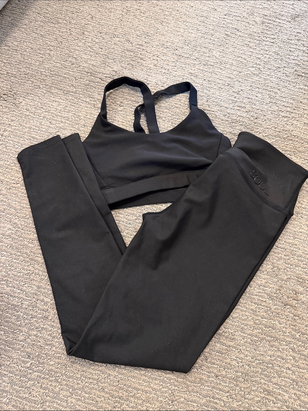 SoulCycle black shimmer bra and leggings set